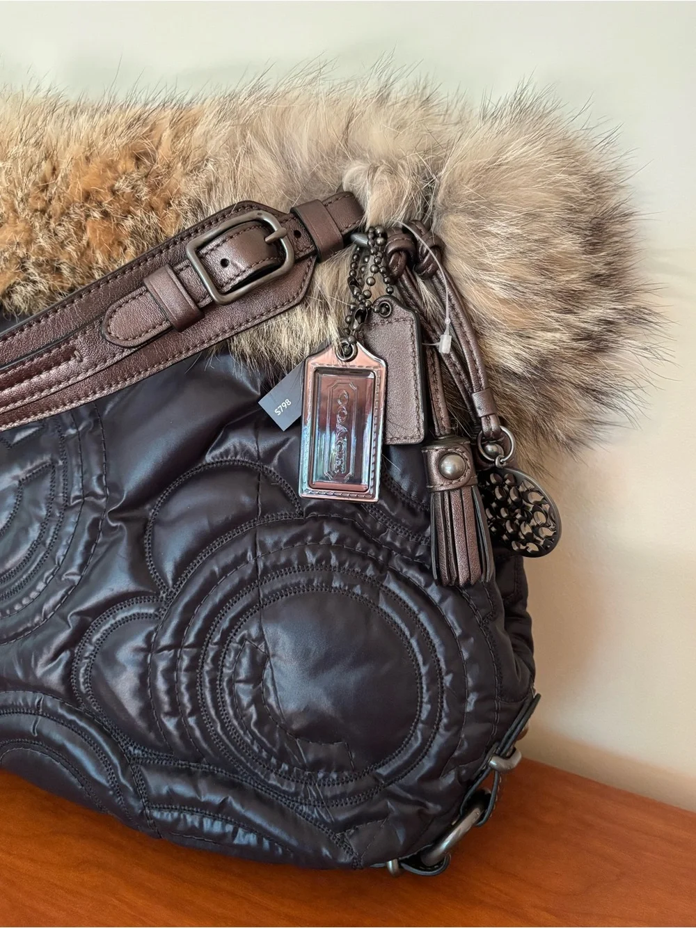 Coach Hamptons Ski Fur XL Hobo Bag 15980 with Coyote Fur Trim Limited-edition
